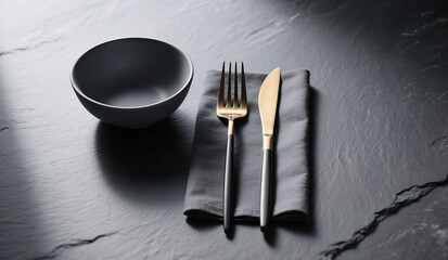 Elegant dining table setting with gold cutlery and gray bowl for luxury restaurant presentation styled