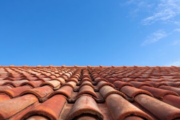 Terra cotta roofing Detailed view of a terra cotta roof beneath a clear blue sky