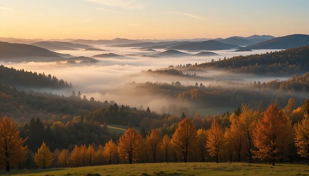 view of a rolling, misty valley at sunrise during autumn. The low fog hangs in pockets, revealing patches of vibrant autumnal trees and distant hills. Ethereal, tranquil, breathtaking - Powered by Adobe