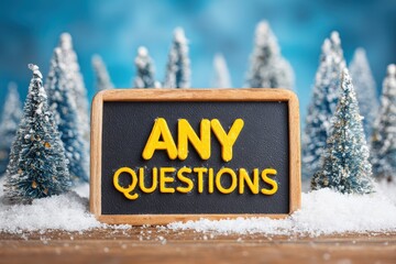 Inquire symbol Concept questions on a yellow blackboard lovely forest and snow against a blue sky Business Q A with space for text