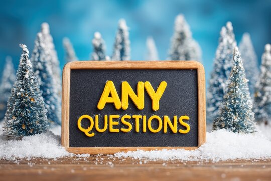Inquire symbol Concept questions on a yellow blackboard lovely forest and snow against a blue sky Business Q A with space for text