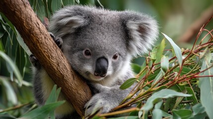 Obraz premium Koala clinging to eucalyptus branch