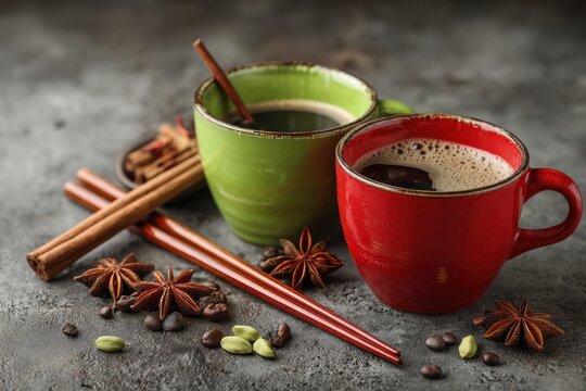 Red and green coffee cups with Bence coffee star anise and cinnamon sticks
