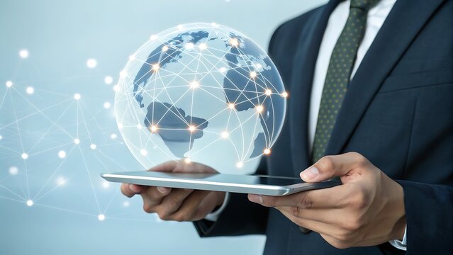 Connected World: Businessman Holding Digital Tablet with Global Network Visualization for Communication and Technology