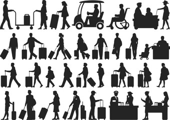 Silhouettes of travelers in airport environments, carrying luggage, pushing carts, checking in, walking, hotel staff, tourist experience, passenger silhouettes activity