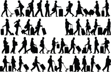Silhouettes of travelers walking with rolling suitcases, people in motion with baggage, airport passengers, travel lifestyle concept, journey movement silhouettes