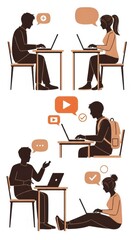 Fototapeta premium Flat vector silhouettes of people working on laptops, remote office employees at desks with speech bubbles, students studying online