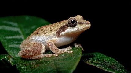 Obraz premium Tree frog on tropical leaf at night