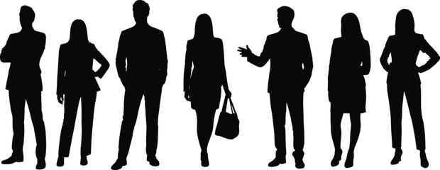 Silhouettes of professional business people standing posed, teamwork in suits, corporate leadership posture, men and women icons, confident workforce group