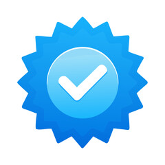 A blue verified badge with a check mark is isolated on white background