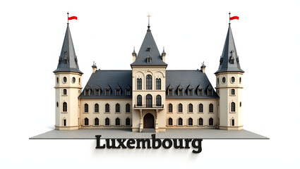 Obraz premium 3D illustration of the Grand Ducal Palace with detailed gothic architecture and flag. ‘Luxembourg’ in 3D font below. The official residence of the Grand Duke.
