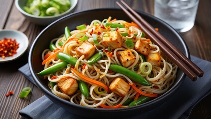 Delicious asian noodle dish with tofu and fresh vegetables