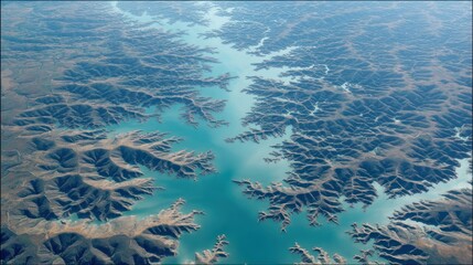 Aerial view of blue lake watershed dendritic patterns
