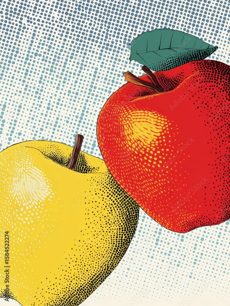 Poster stylized flat design apples featuring retro halftone and pop-art aesthetics create a vibrant visual 