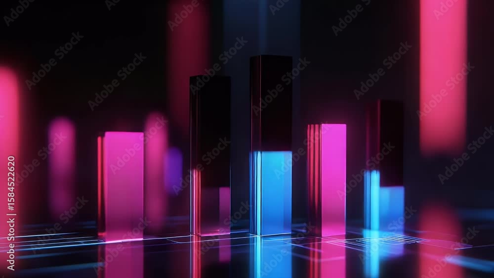 Poster abstract neon illuminated glass bars against dark background creating dynamic visual data representa