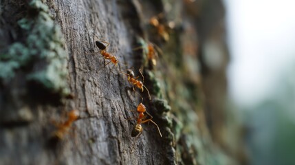 Ants marching on acacia tree trunk