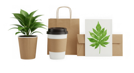 Sustainable products including a plant and coffee cup isolated on transparent background