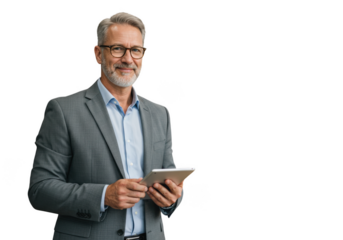 Smiling businessman with tablet isolated on transparent background