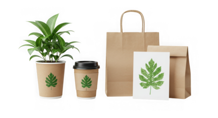 Ecofriendly items with a plant and coffee cup isolated on transparent background