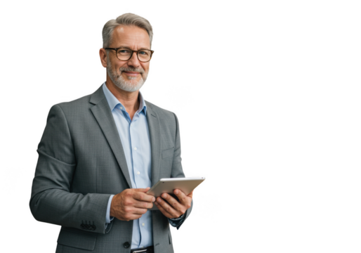 Smiling businessman with tablet isolated on transparent background
