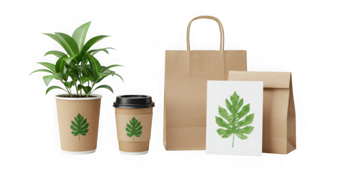 Ecofriendly items with a plant and coffee cup isolated on transparent background