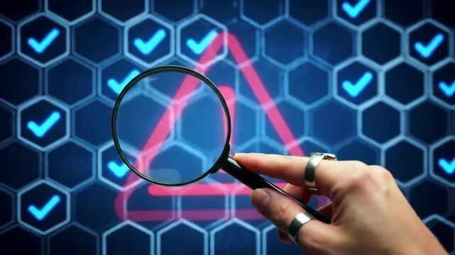 A hand holding a magnifying glass over a warning triangle on a blue honeycomb grid with blue checkmarks