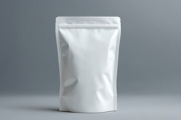 White stand-up pouch on gray background, perfect for showcasing a clean product design.