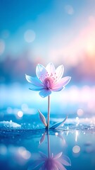 A delicate flower, with vibrant petals, gently floats on the surface of a serene body of water, reflecting soft sunlight and surrounding greenery.