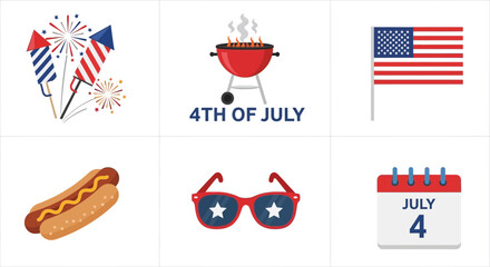 Festive 4th of July Celebration Vector Icons Set USA Independence Day, Barbecue, Hot Dog, and Patriotic Symbols