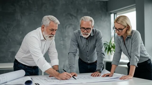 shows three professionals, two men and one woman, engrossed in reviewing a large blueprint or document spread out on a white table. They appear to be in a modern office or design studio.