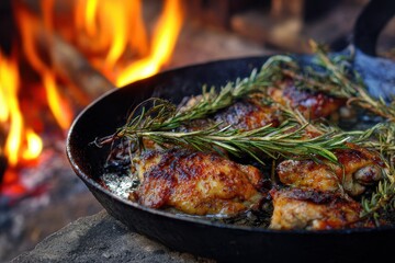 Rosemary chicken cooked in an iron skillet