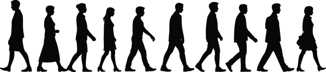 People walking Silhouettes in motion, various positions, business attire, office workers, casual clothes, marching, urban flow, side view line walking