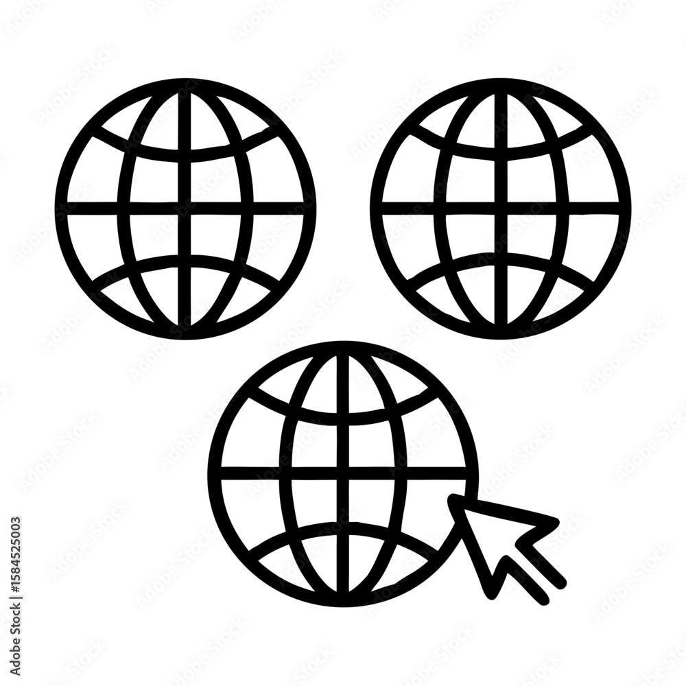 Aufkleber three globe icons with one showing a cursor clicking, isolated on white background