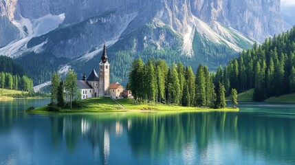 Fototapeta premium A picturesque mountain lake with a small church on an island