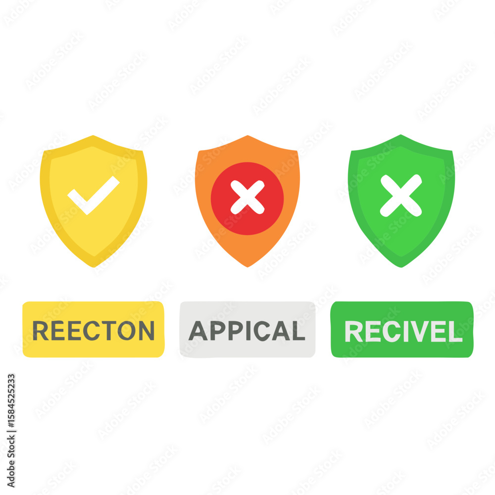 Poster three colorful shields display approval and rejection isolated on white background