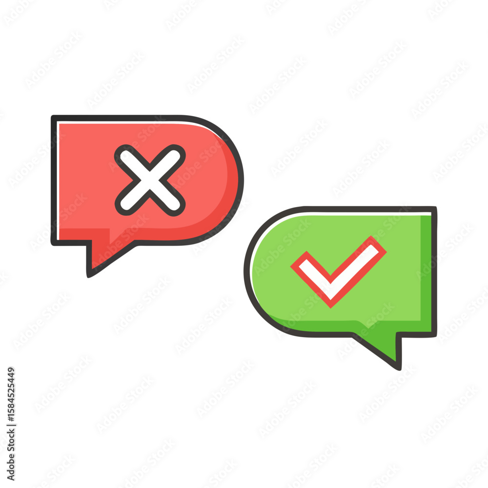 Poster speech bubbles with a checkmark and cross represent communication isolated on white background