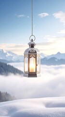 A vintage lantern hangs gracefully from a snowy hilltop, casting a warm glow against the serene white landscape, surrounded by gently falling snowflakes.