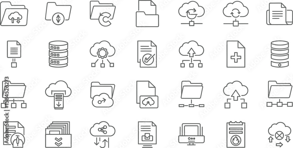 Poster set of cloud data icons featuring file sharing, secure storage, database management, and network syn