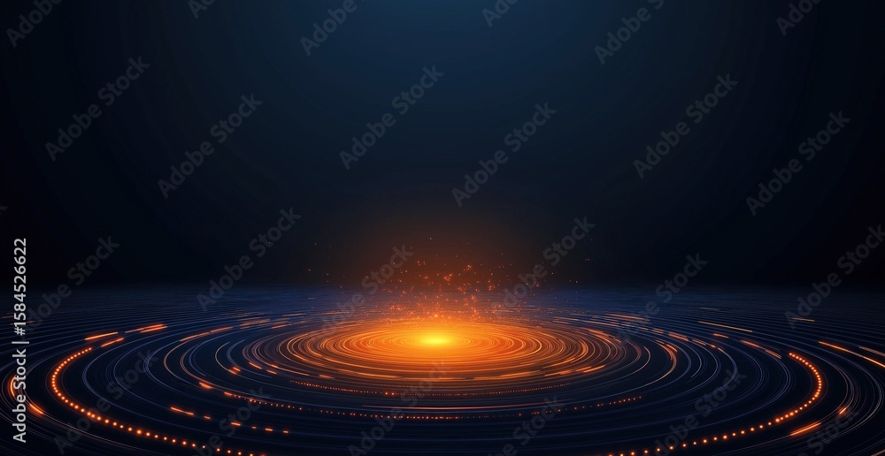 Poster abstract dark background with glowing orange light rings and space waves creating futuristic technol