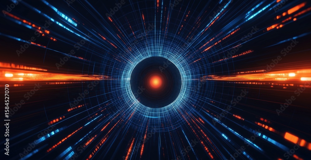 Aufkleber abstract futuristic background with blue and orange light rays in black hole tunnel for digital tech