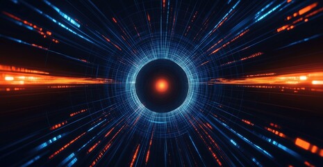 Abstract futuristic background with blue and orange light rays in black hole tunnel for digital technology concept showing data transfer and information flow through glowing radiating lines
