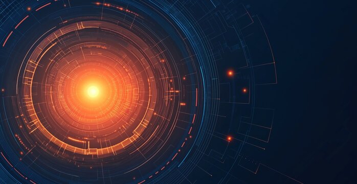 Abstract futuristic background with glowing digital circular elements and orange light effect on dark blue vector illustration for technology concept design banner or poster