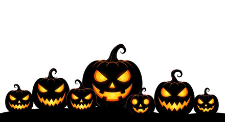A group of glowing, carved pumpkins with scary faces arranged on a dark surface for halloween