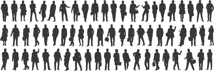 Business people silhouettes, standing, walking, talking, holding briefcase, teamwork, office, professional, group, men, women, isolated, black, vector, meeting
