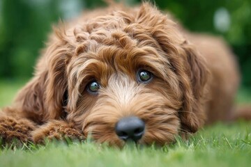 Fototapeta premium Small dog doodle resting in grass