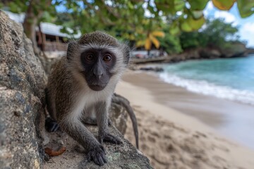 Small green monkey Chlorocebus near Paynes Bay shore