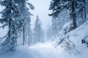 Snowy forest trail during a blizzard