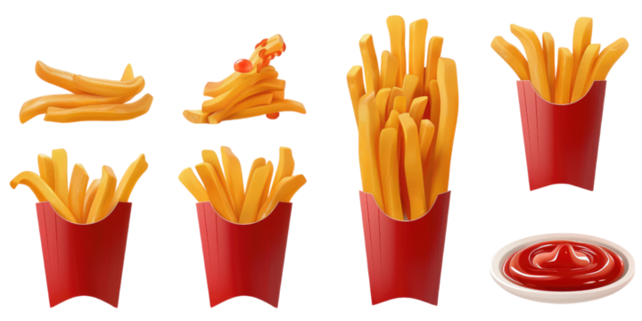 PNG. 30 different images of french fries with ketchup, on a white background, isolated and cut out, in a photorealistic