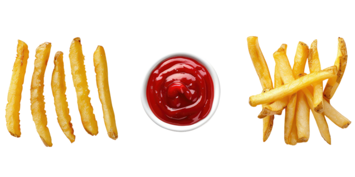 PNG. 30 different images of french fries with ketchup, on a white background, isolated and cut out, in a photorealistic