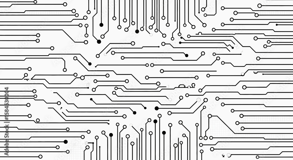 Poster an intricate black and white abstract pattern of electronic circuit board traces and connection